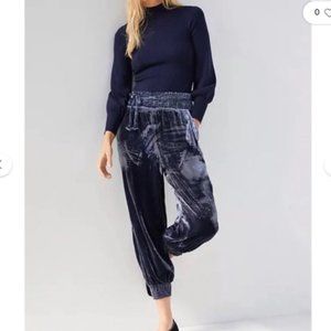 Anthropologie Gloria Velvet Joggers Navy Blue Wide Waist Luxury Track Pants S